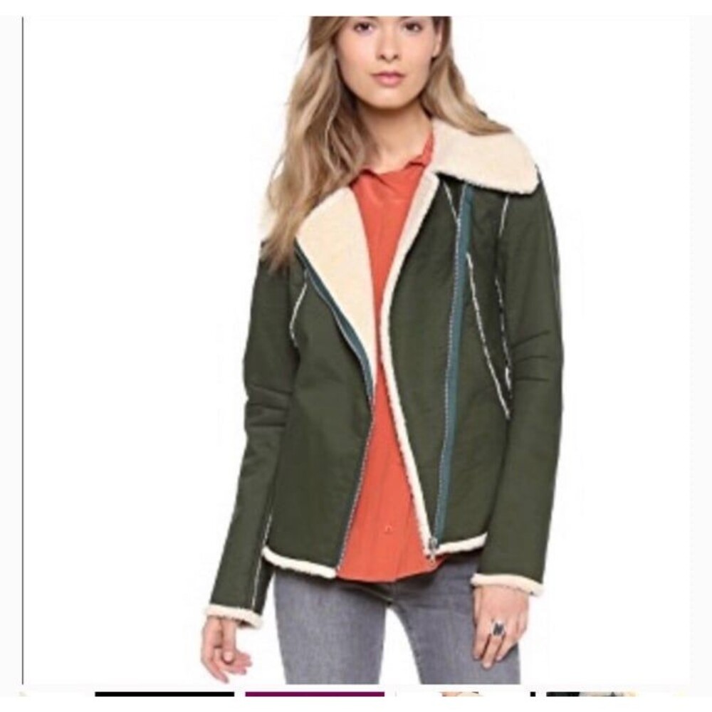 REBECCA MINKOFF Quinn Green Faux Shearling Moto Bomber Jacket NWOT - Picture 2 of 7